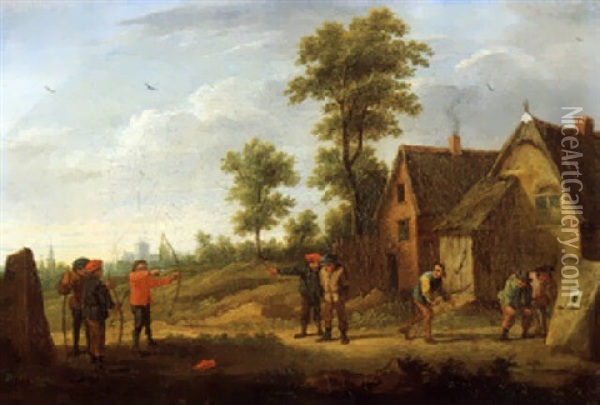 Acht Manner Beim Bogenschiessen Vor Einem Dorf Oil Painting - Thomas Van Apshoven