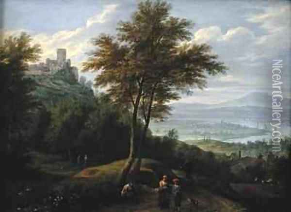 River valley landscape with travellers and fishermen Oil Painting - Boudewyns