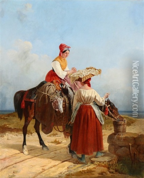 Two Young Peasant Women Watering The Horse On The Way To Market Oil Painting - Theodor Lundh
