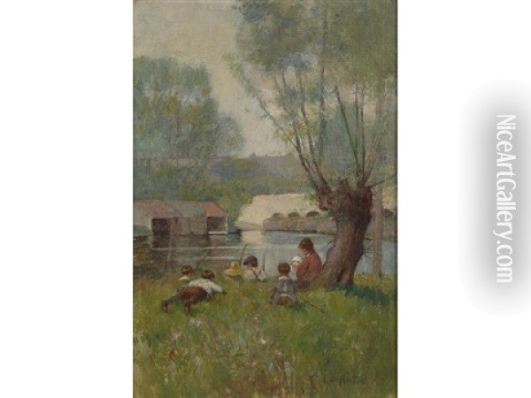 Children Fishing On A River Bank Oil Painting - Louis D. Norton