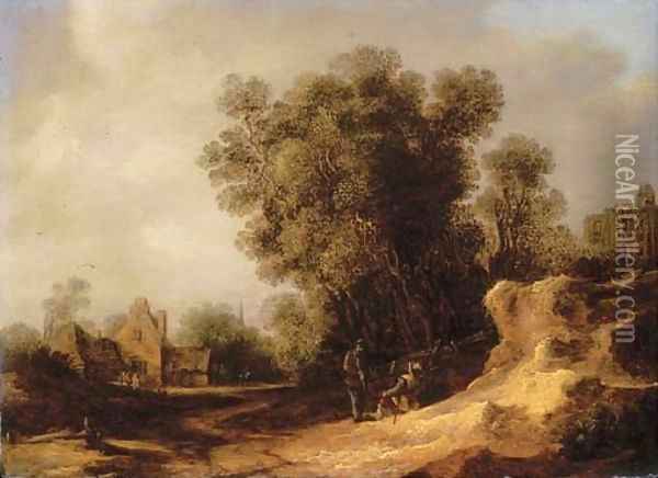 A landscape with peasants resting on a bank, a village beyond Oil Painting - Frans de Hulst