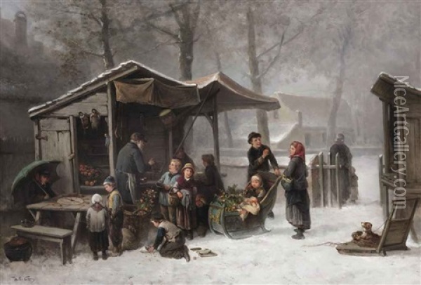 Buying Presents At The Toy Stall For The Feast Of St. Nicholas Oil Painting - Mari ten Kate