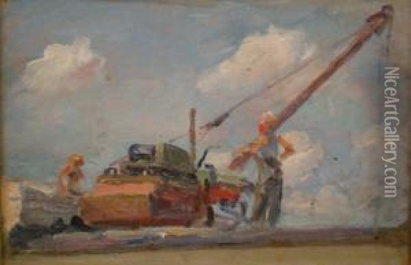 Figures Standing Beside A Crane Oil Painting - Ivan Parkhomenko