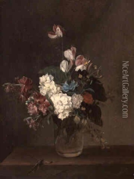 Still Life With Garden Flowers In A Glass Vase And          Dragonfly Oil Painting - Louis Leopold Boilly