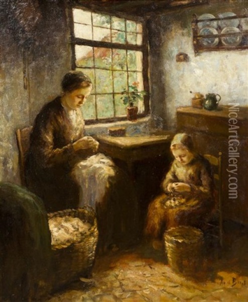 At Work In The Kitchen Oil Painting - Andries van den Berg
