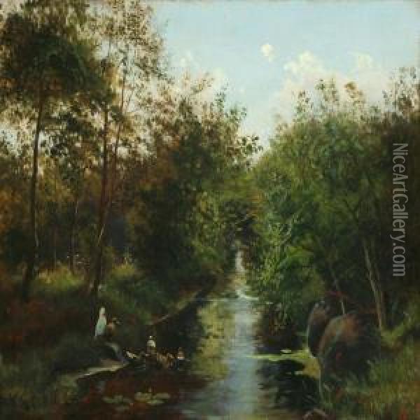 Forest With Ducks Ata Lake Oil Painting - August Carl Vilhelm Thomsen