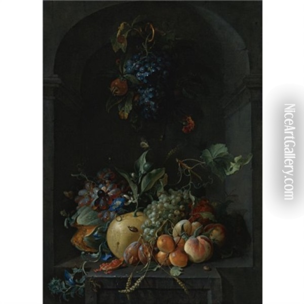 Still Life Of Grapes, Melons, Peaches, Plums And Other Fruit With Morning Glory And Shafts Of Wheat In A Stone Niche, With A Bunch Of Grapes And Medlars Hanging Above Oil Painting - Coenraet (Conrad) Roepel