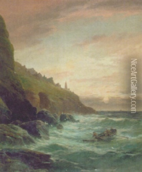 A Clifftop Lighthouse Oil Painting - George Henry Jenkins