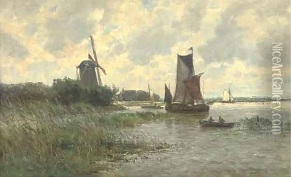 Vessels on a Dutch waterway Oil Painting - Carlos de Haes