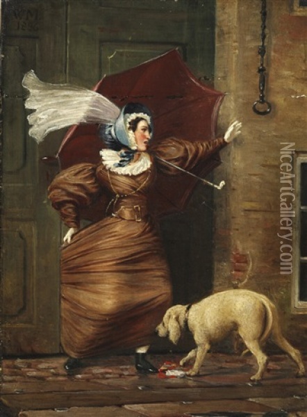 A Lady Is Stuck In A Doorway On A Windy Day Oil Painting - Wilhelm Nicolai Marstrand