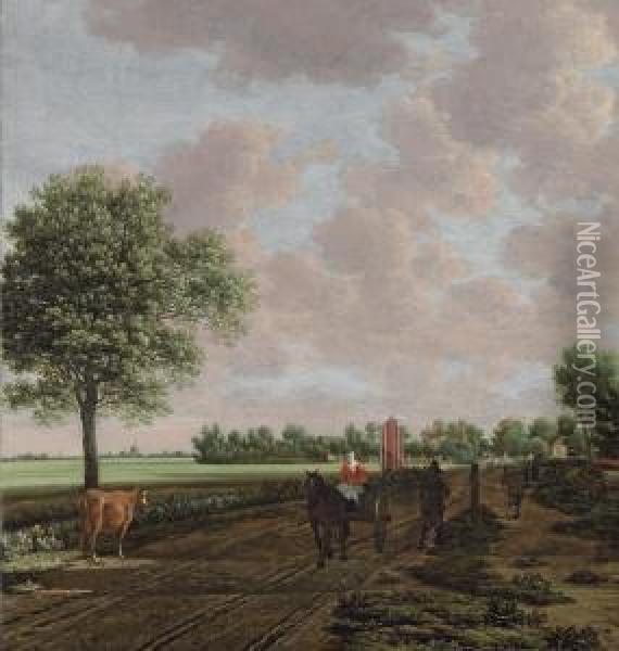 A Pastoral Landscape With A Woman Driving A Horsecart And Othertravellers On The Path, A Windmill Beyond Oil Painting - Joris Abrahamsz Van Der Haagen