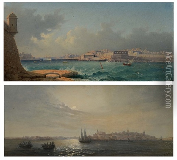Morning, Valletta Harbour, Malta; Evening, Valletta Harbour, Malta (2 Works) Oil Painting - Girolamo Gianni
