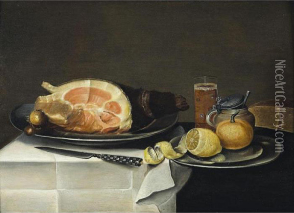 Still Life With A Leg Of Ham On A
 Pewter Plate Together With A Lemon And Apple And A Glass Of Ale Oil Painting - Jacob Fopsen van Es