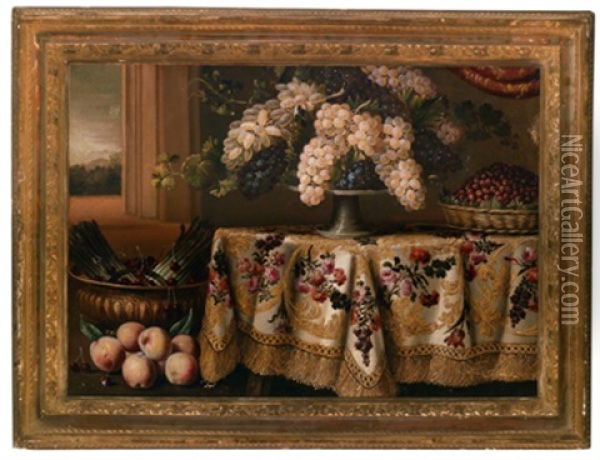 Stillleben Mit Weintrauben Auf Einem Mit Einem Kostbaren, Blumenbestickten Tuch Bedeckten Tisch Oil Painting - Antonio Gianlisi