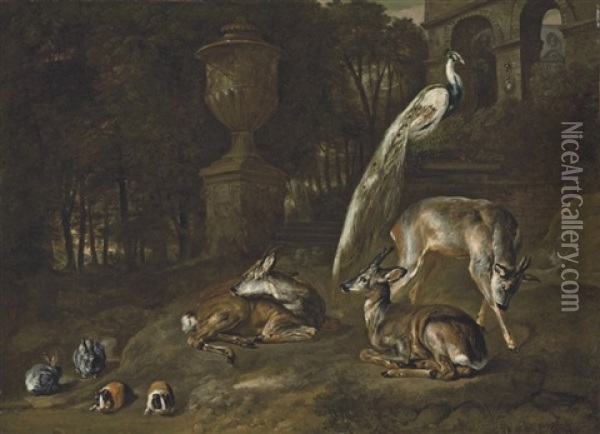 Three Deer, A Peacock, Rabbits, And Guinea Pigs In A Wooded Landscape, With Classical Statuary And Arches Beyond Oil Painting - Pieter Boel