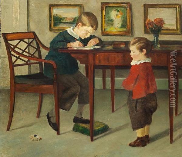 Interior With The Painter's Children Oil Painting - Johan Gudmann Rohde