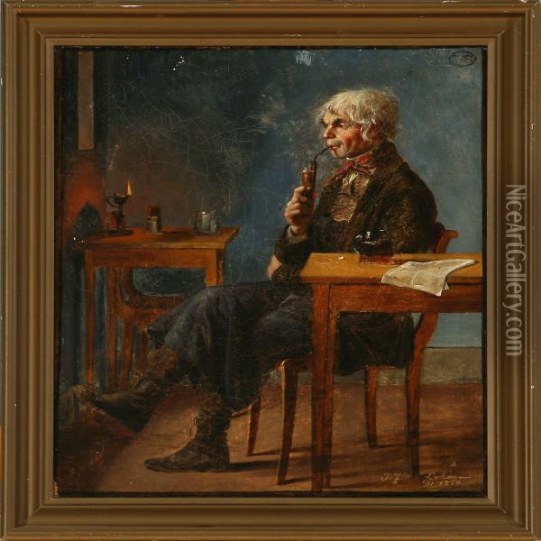 Interior With A Man Smoking A Pipe Oil Painting - Georg U.F. Fritz Jurgensen