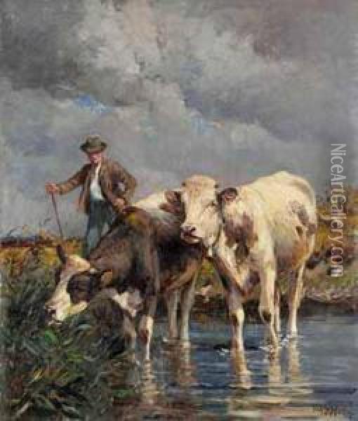 Bauer Mit Zwei Kuhen Am Wasser. Oil Painting - Johann Daniel Holz