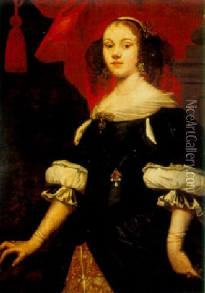 Portrait Of A Lady, Standing Three-quarter Length Against A Red Curtain Oil Painting - Giovanni Bernardo Carboni