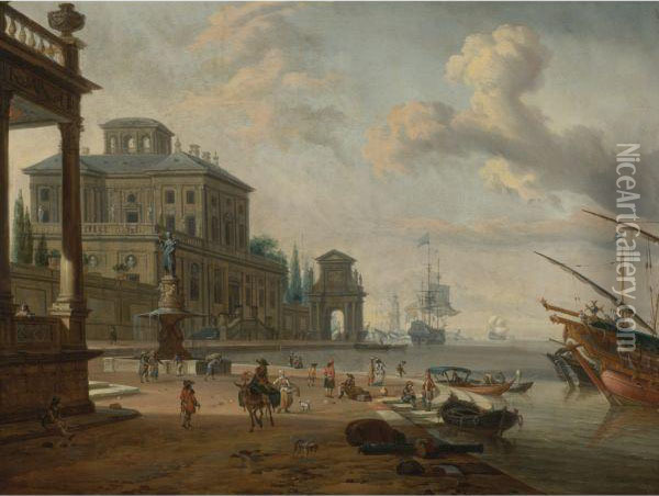 Italianate Harbor Scene With Figures And Animals In A Grandarchitectural Setting Oil Painting - Abraham Storck