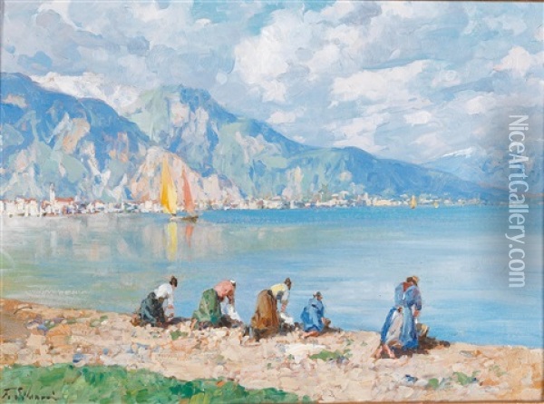 Washerwomen At Salo On Lake Garda Oil Painting - Ferdinando Silvani