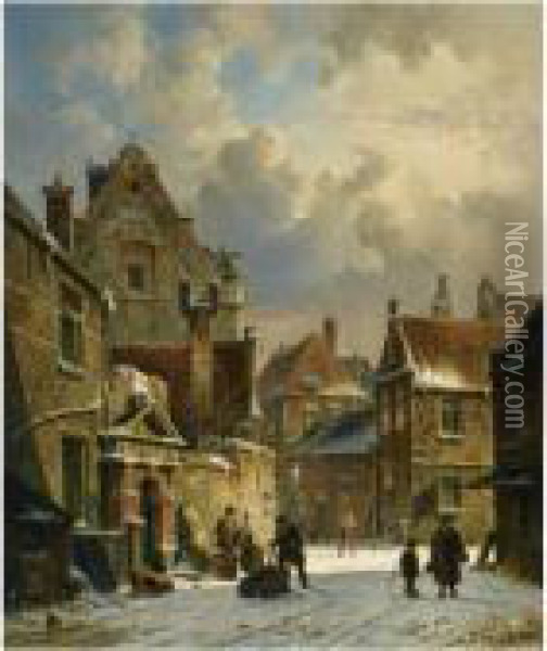 Figures In The Streets Of A Dutch Town In Winter Oil Painting - Adrianus Eversen