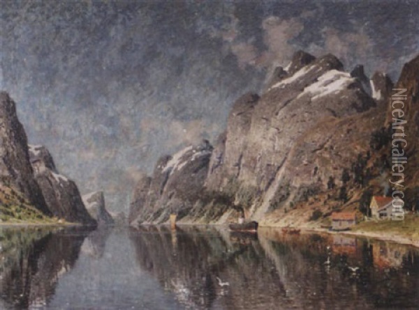 Norskt Fiordlandskap Med Angare Oil Painting - Adelsteen Normann