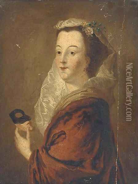 Portrait of a lady, bust-length holding a mask Oil Painting - Pietro Antonio Rotari