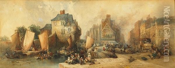 A French Town Scene With Numerous Figures By A Quay Oil Painting - George Howse