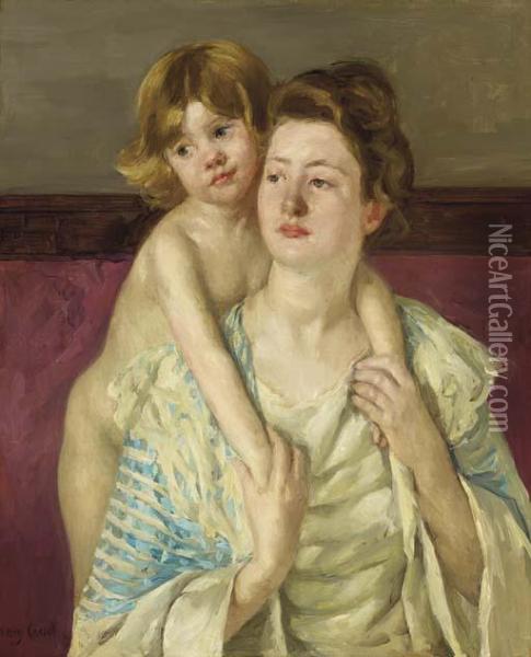 Antoinette Holding Her Child By Both Hands Oil Painting - Mary Cassatt