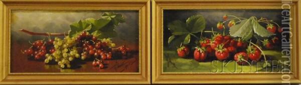 Lot Of Two Fruit Still Life Paintings: Strawberries Oil Painting - Edward Chalmers Leavitt