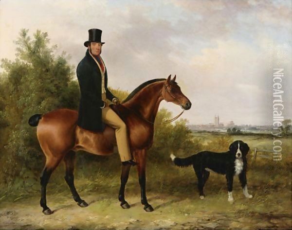 John Peale On His Favorite Hunter And A Dog Oil Painting - George Cole, Snr.