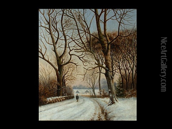 Spazierganger Auf Verschneiter Landstrasse Oil Painting - Anders Andersen-Lundby
