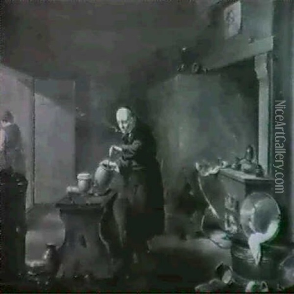 A Cobblers's Shop  An Apothecary Oil Painting - Justus Juncker