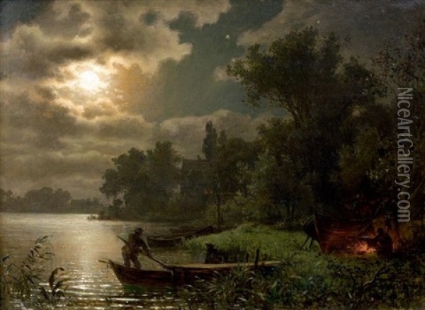 Repas Des Pecheurs Pres Des Barques Au Clair De Lune Oil Painting - Carl August Heinrich Ferdinand Oesterley