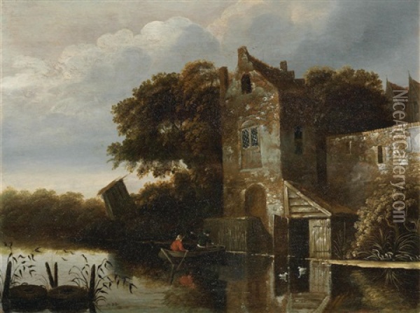 A River Landscape With Figures In A Ferry Before A House Oil Painting - Michel van Vries