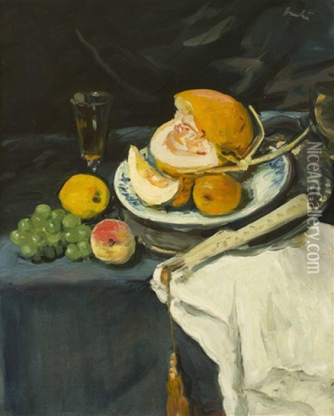 Still Life With Melon Oil Painting - George Leslie Hunter
