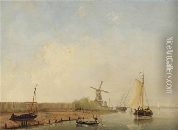 Ships On A Calm River Near A Shipyard Oil Painting - Emanuel De Vries