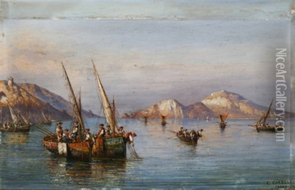 Fischer Mit Ihren Booten Vor Capri In Der Abendsonne Oil Painting - Consalvo Carelli