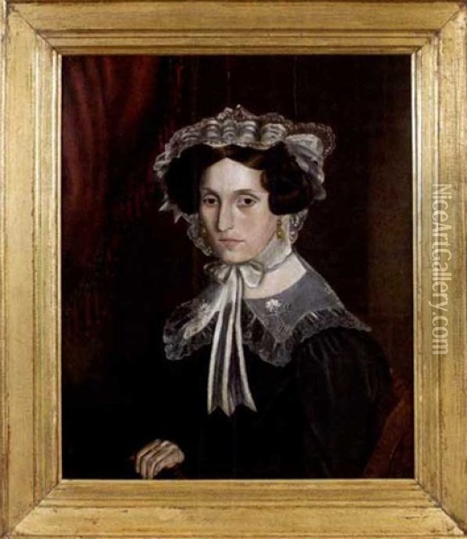 Portrait Of Woman With Lacy Bonnet And Book Seated Beside Red Fringed Drapery Oil Painting - Milton W. Hopkins