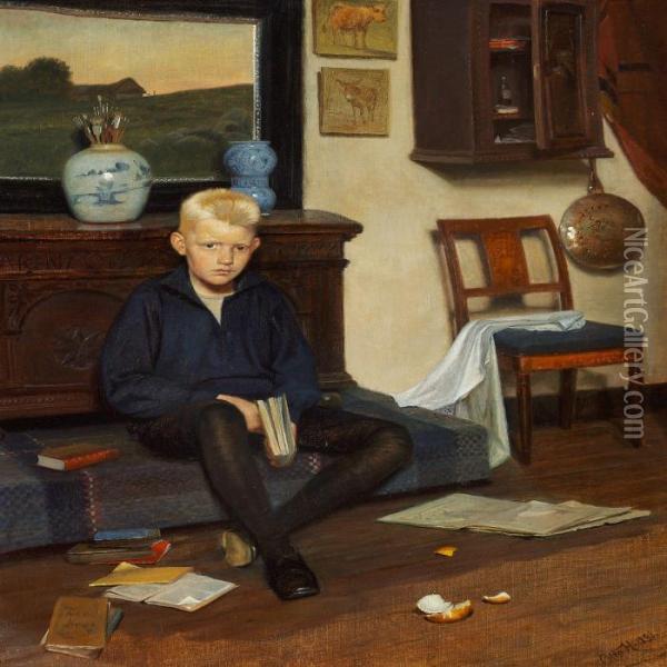 A Boy Reading Oil Painting - Otto Haslund