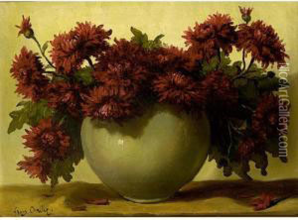 A Still Life Of Dahlias In A Stone Jar Oil Painting - Frans David Oerder