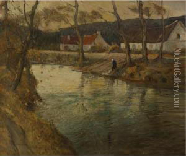 Farmhouses Beside A River Oil Painting - George Ames Aldrich