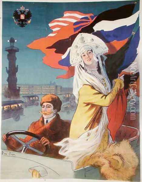 Couple in a motor car in St.Petersburg, poster advertising a French car destined for the Russian market, c.1912 Oil Painting - Rene Pean