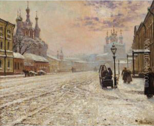 A Winter Morning On The Malaya 
Dmitrovka In Moscow, By The Gates Of The Strasnoi Monastery Oil Painting - Paul Louis Bouchard