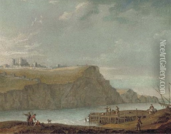 A Capriccio: Figures On The Quayside Below The Castle At Dover Oil Painting - Peter Monamy