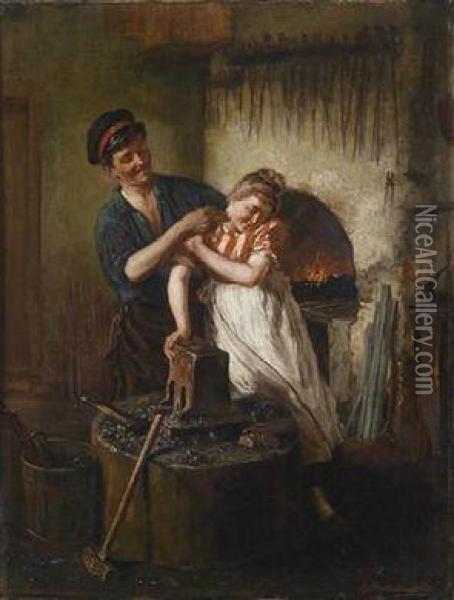 Flirtationat The Smithy Oil Painting - G. Hugo Kotschenreiter