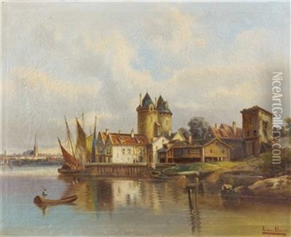 Alte Nordische Hafenstadt Mit Booten Oil Painting - Karl Kaufmann