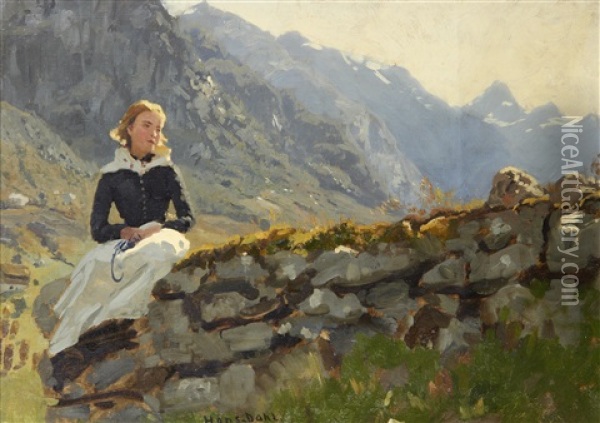 Girl Seated On A Stone Wall Oil Painting - Hans Dahl