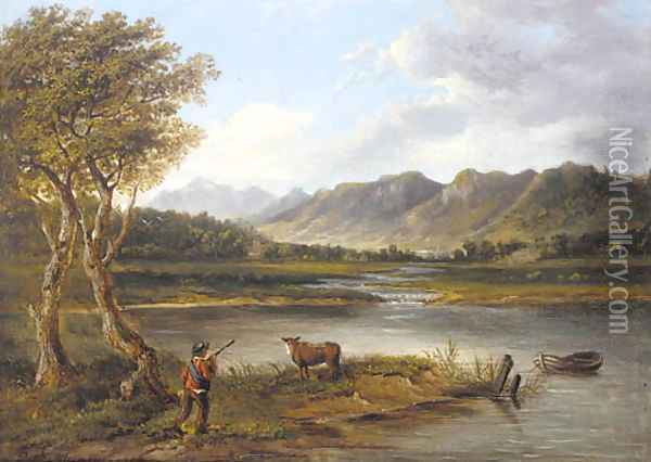 A drover and a cow in a mountainous river landscape Oil Painting - Patrick Nasmyth